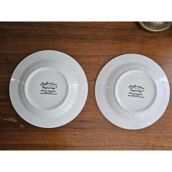 2 Blue Vintage Staffordshire Engravings Bird of Paradise Desert Plates - Picture 3 of 3